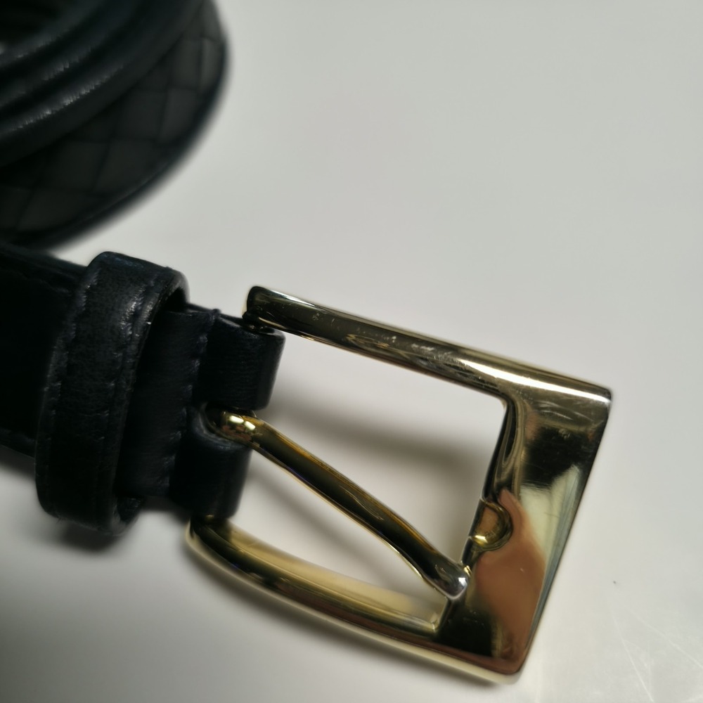 Cole Haan Blue Leather Basketweave Woven Belt Brass Hardware Made in Italy Sz 32